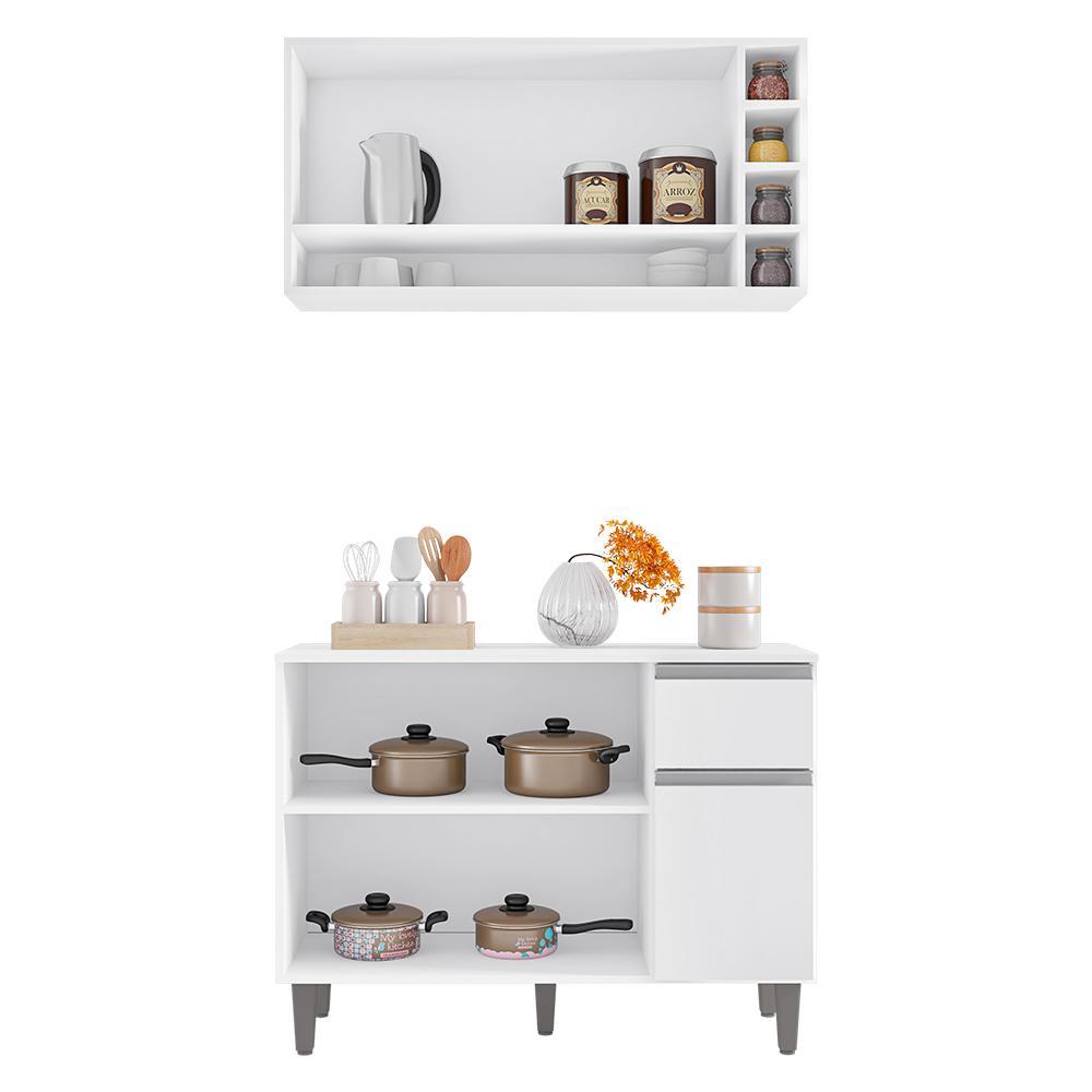 Kit de Cozinha Vanessa Balcão com Tampo MDP e Aéreo Branco - AJL Móveis