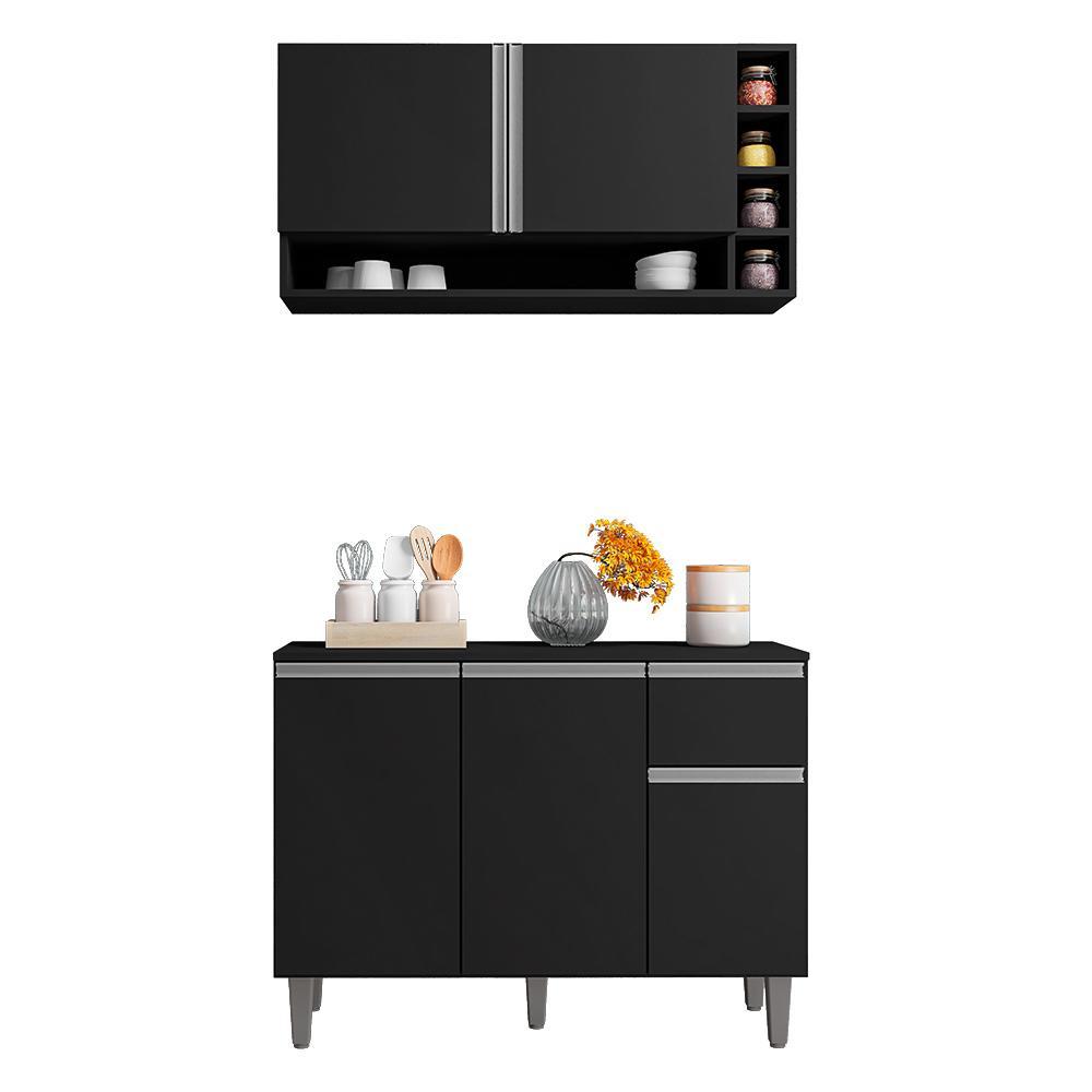 Kit de Cozinha Vanessa Balcão com Tampo MDP e Aéreo Preto - AJL Móveis