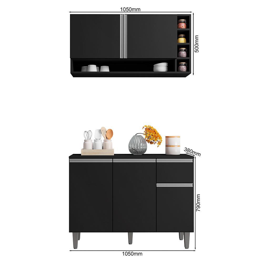 Kit de Cozinha Vanessa Balcão com Tampo MDP e Aéreo Preto - AJL Móveis
