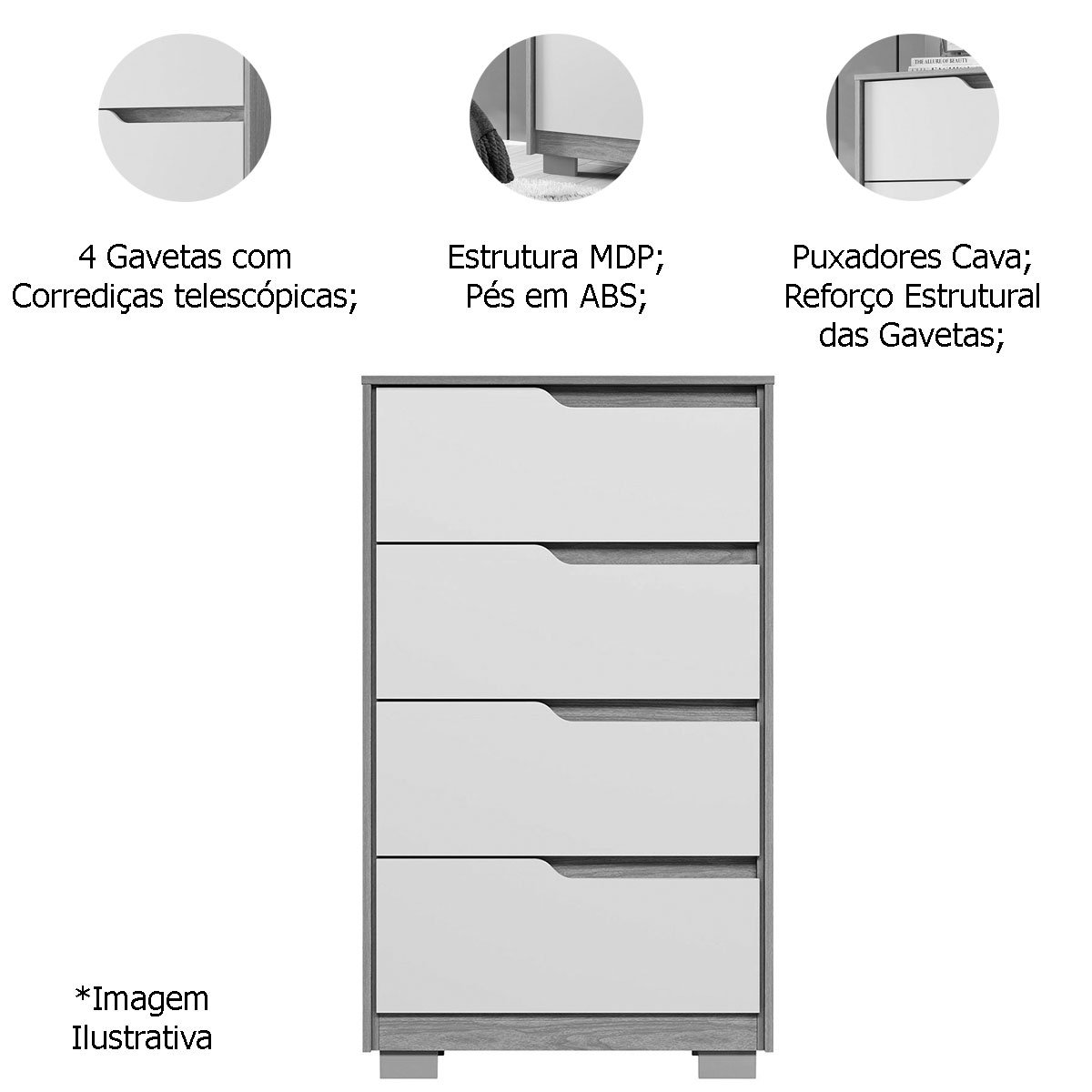 Cômoda 4 Gavetas Usinadas Flex Sara Freijó/Titanium