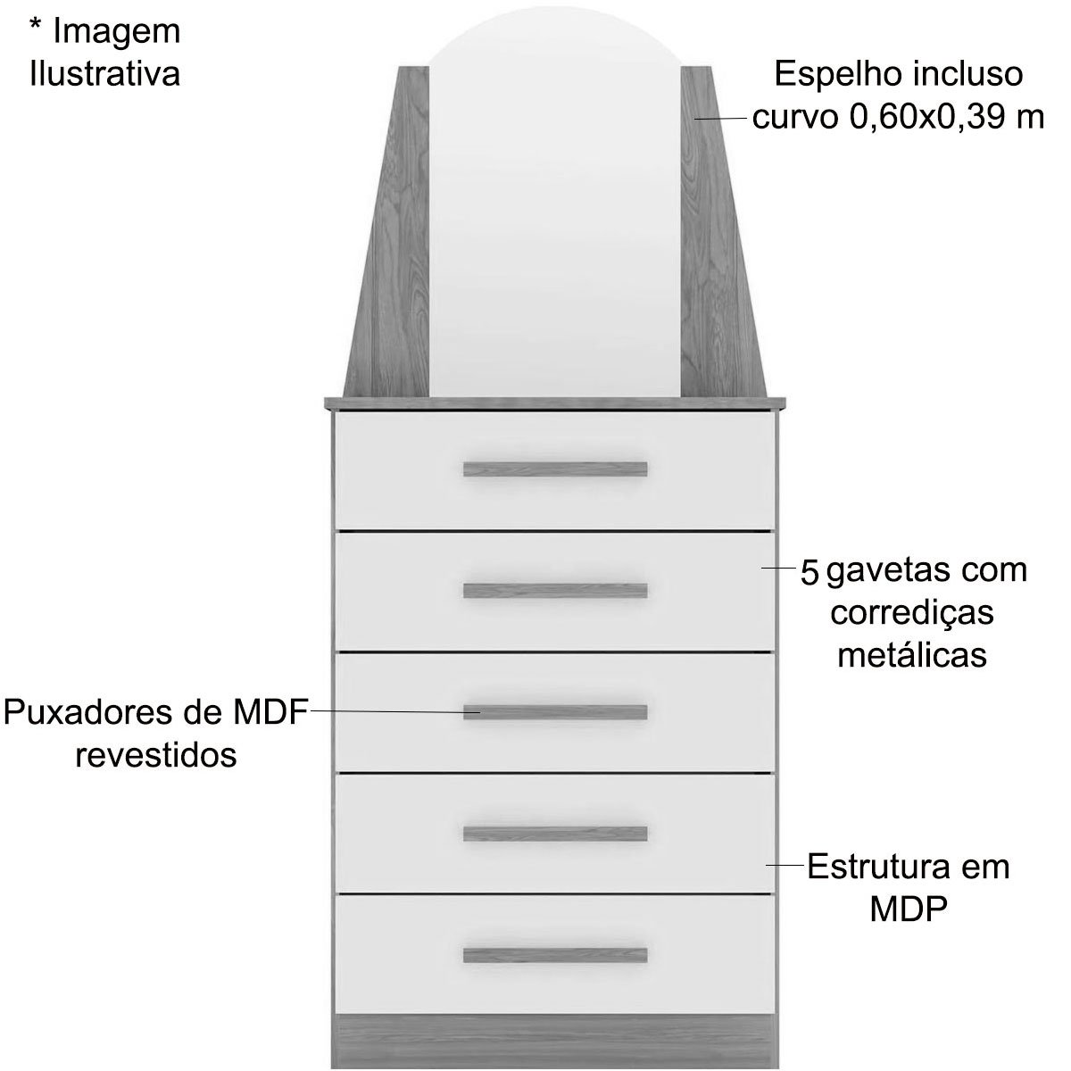 Cômoda 5 Gavetas com Espelho MDP Valentina Branco