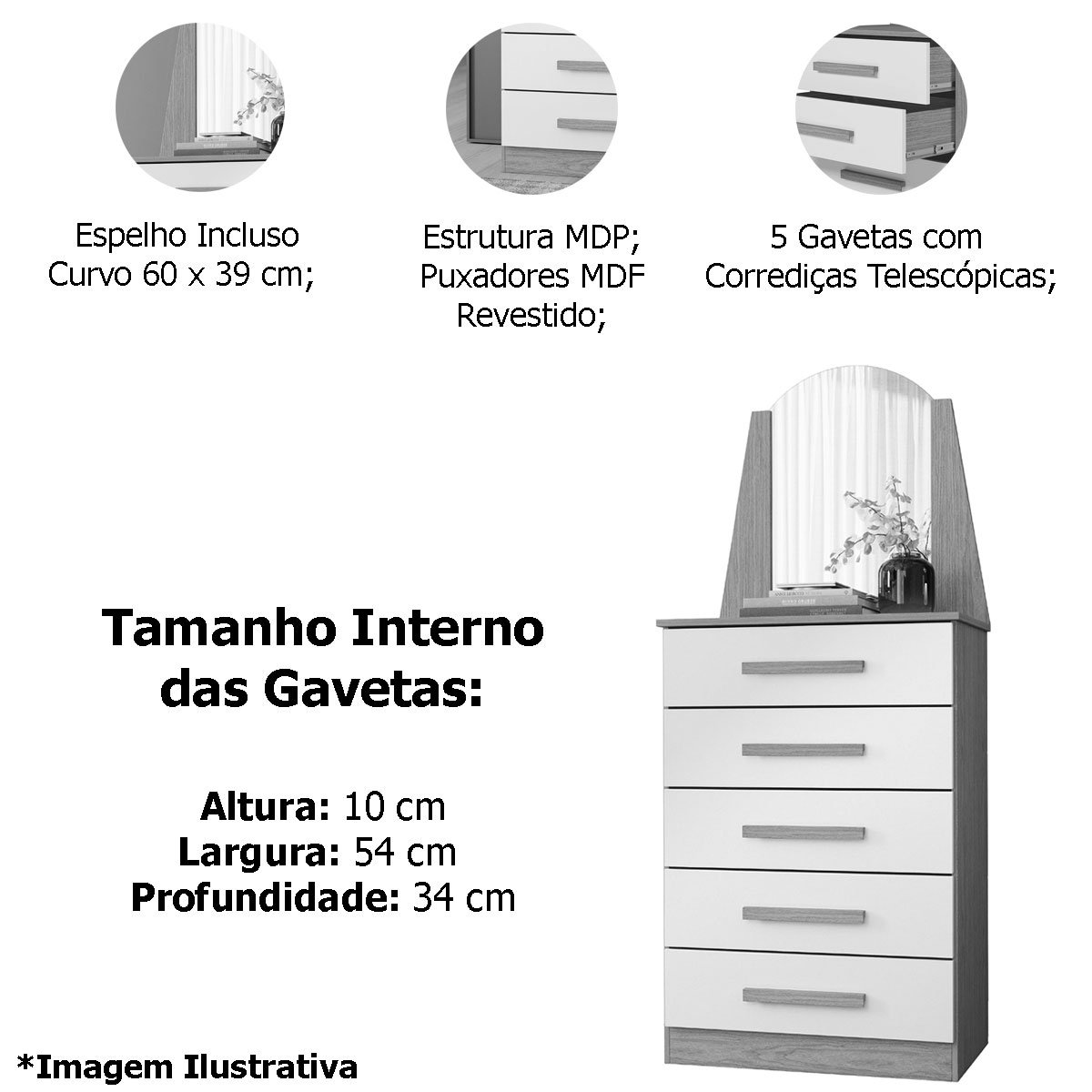 Cômoda 5 Gavetas com Espelho MDP Valentina Freijó/Off White