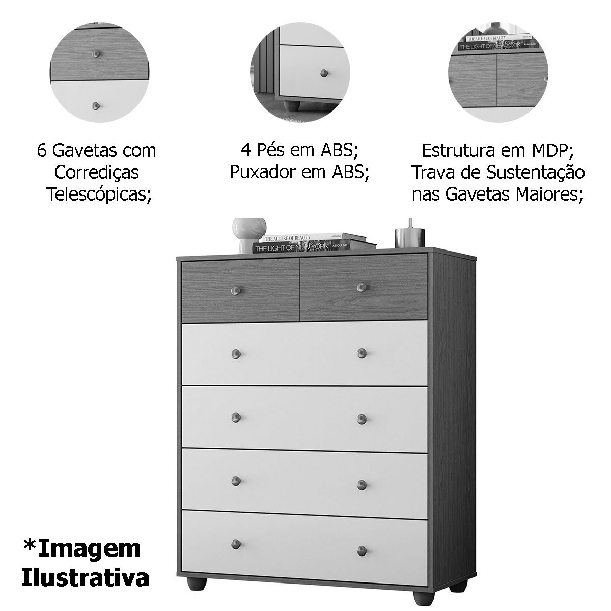 Cômoda 6 Gavetas em MDP Vittória Cinamomo/Sálvia