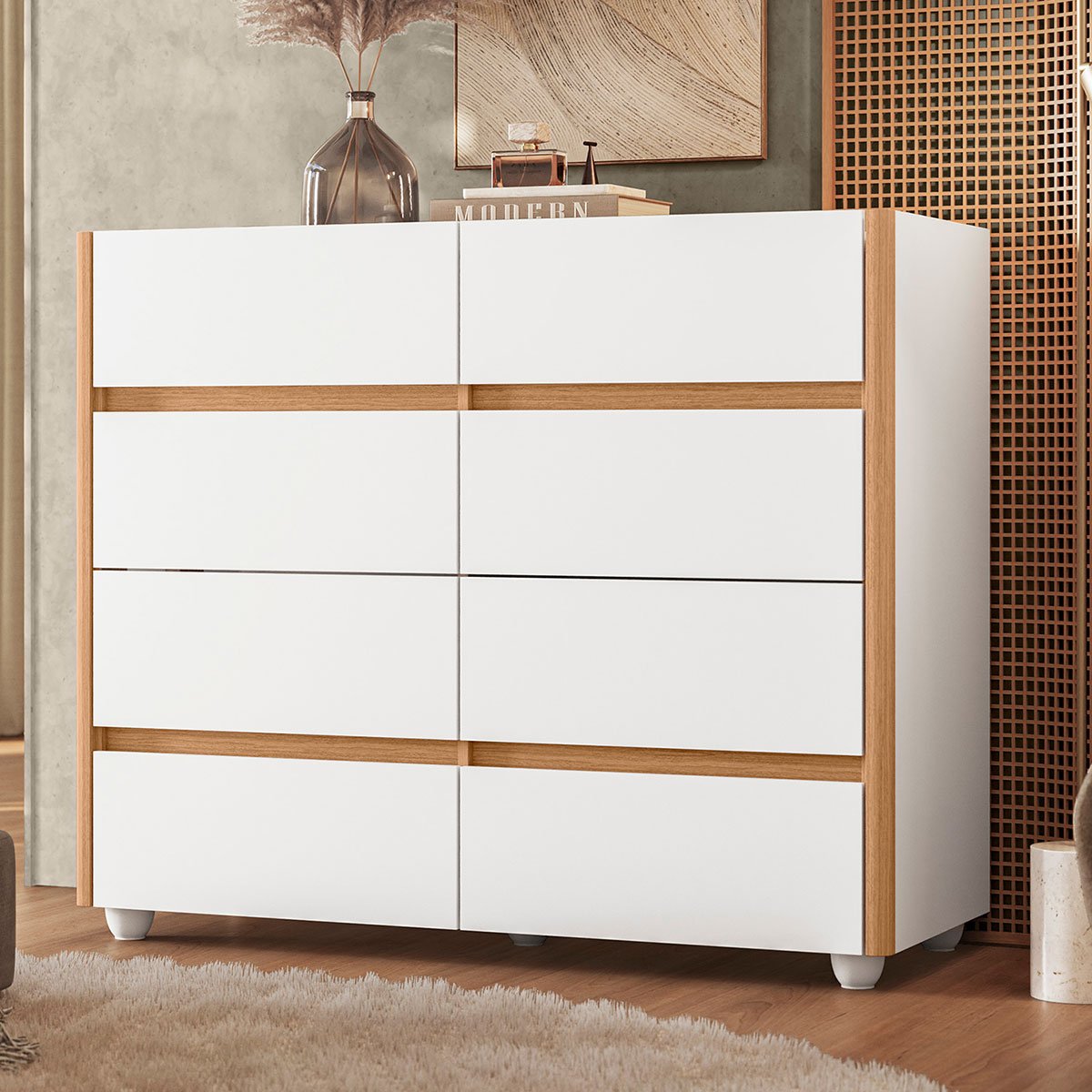 Cômoda Aparador 8 Gavetas com Tampo Estilo Bandeja Eternity Branco/Freijó