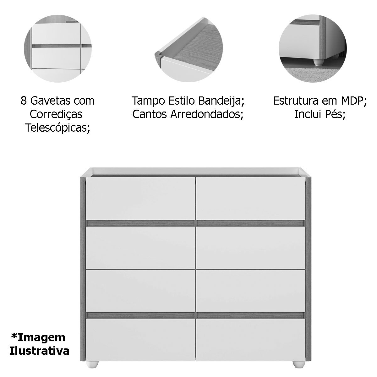 Cômoda Aparador 8 Gavetas com Tampo Estilo Bandeja Eternity Off White/Cinamomo