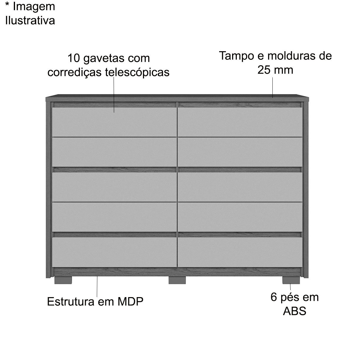 Cômoda Grande 10 Gavetas e Pés MDP Duello Cinamomo/Off White