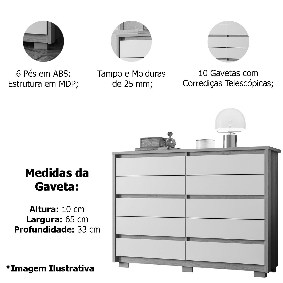 Cômoda Grande 10 Gavetas e Pés MDP Duello Freijó/Off White