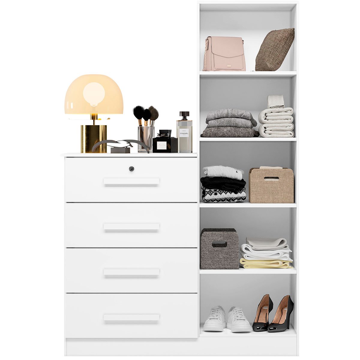 Cômoda Guarda-Roupa Caribe 4 Gavetas 1 Porta com Espelho  Branco