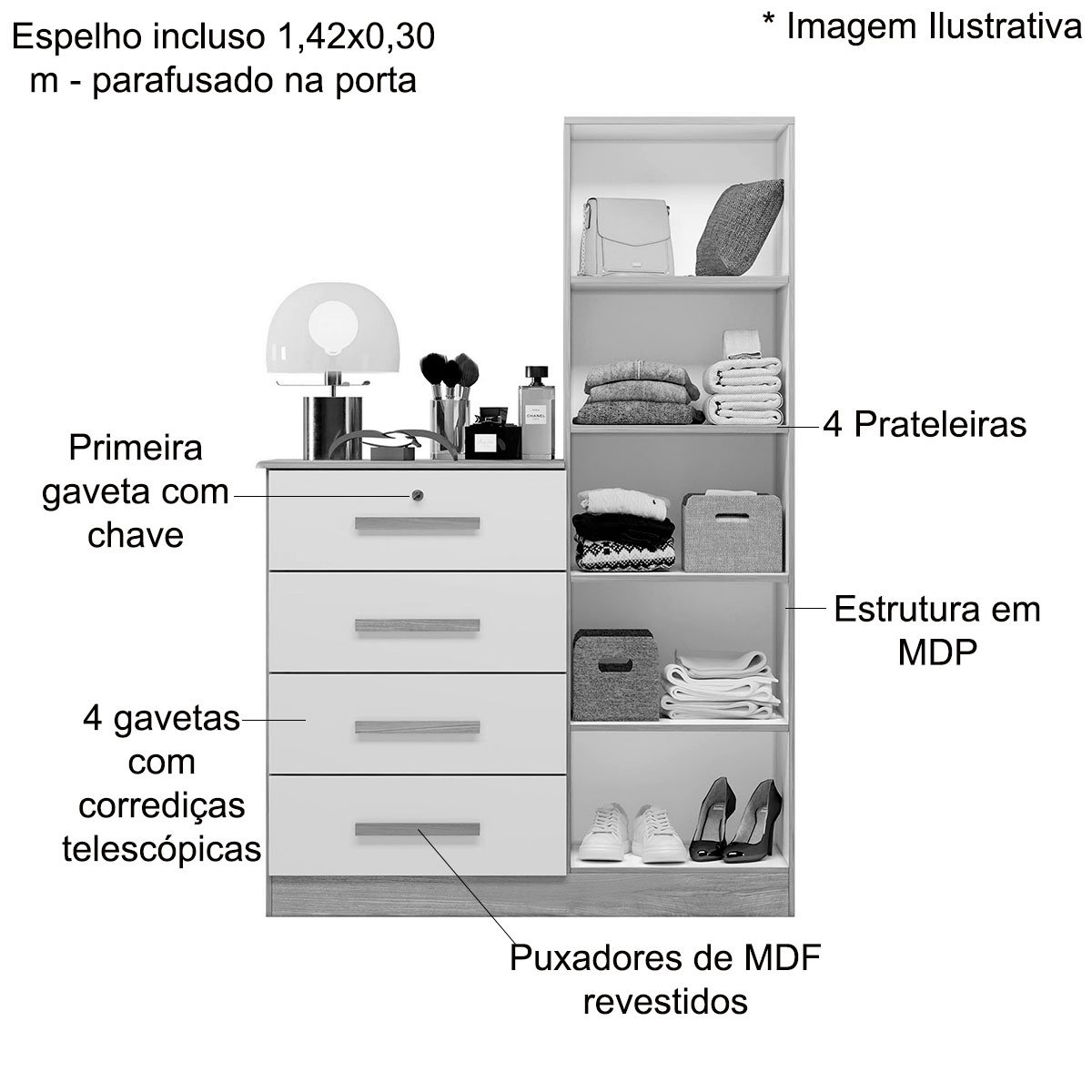 Cômoda Guarda-Roupa Caribe 4 Gavetas 1 Porta com Espelho  Branco