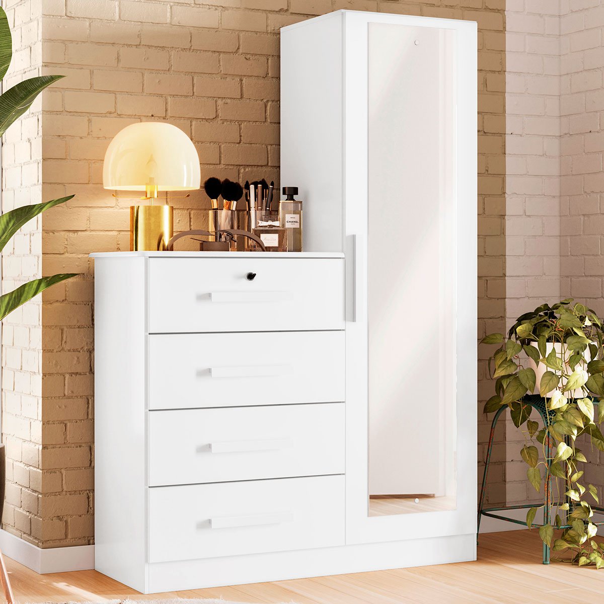 Cômoda Guarda-Roupa Caribe 4 Gavetas 1 Porta com Espelho  Branco