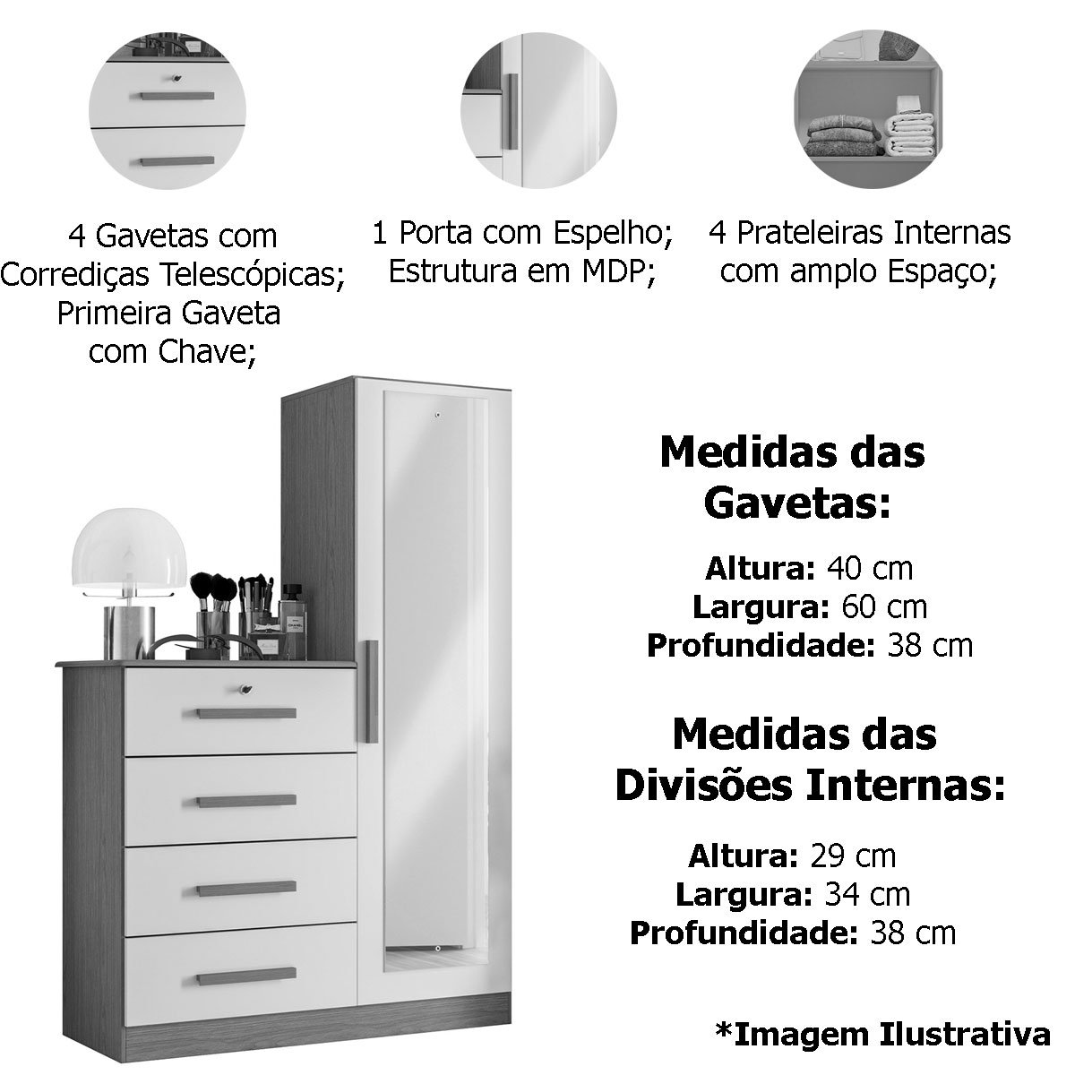Cômoda Guarda-Roupa Caribe 4 Gavetas 1 Porta com Espelho  Cinamomo/Off White