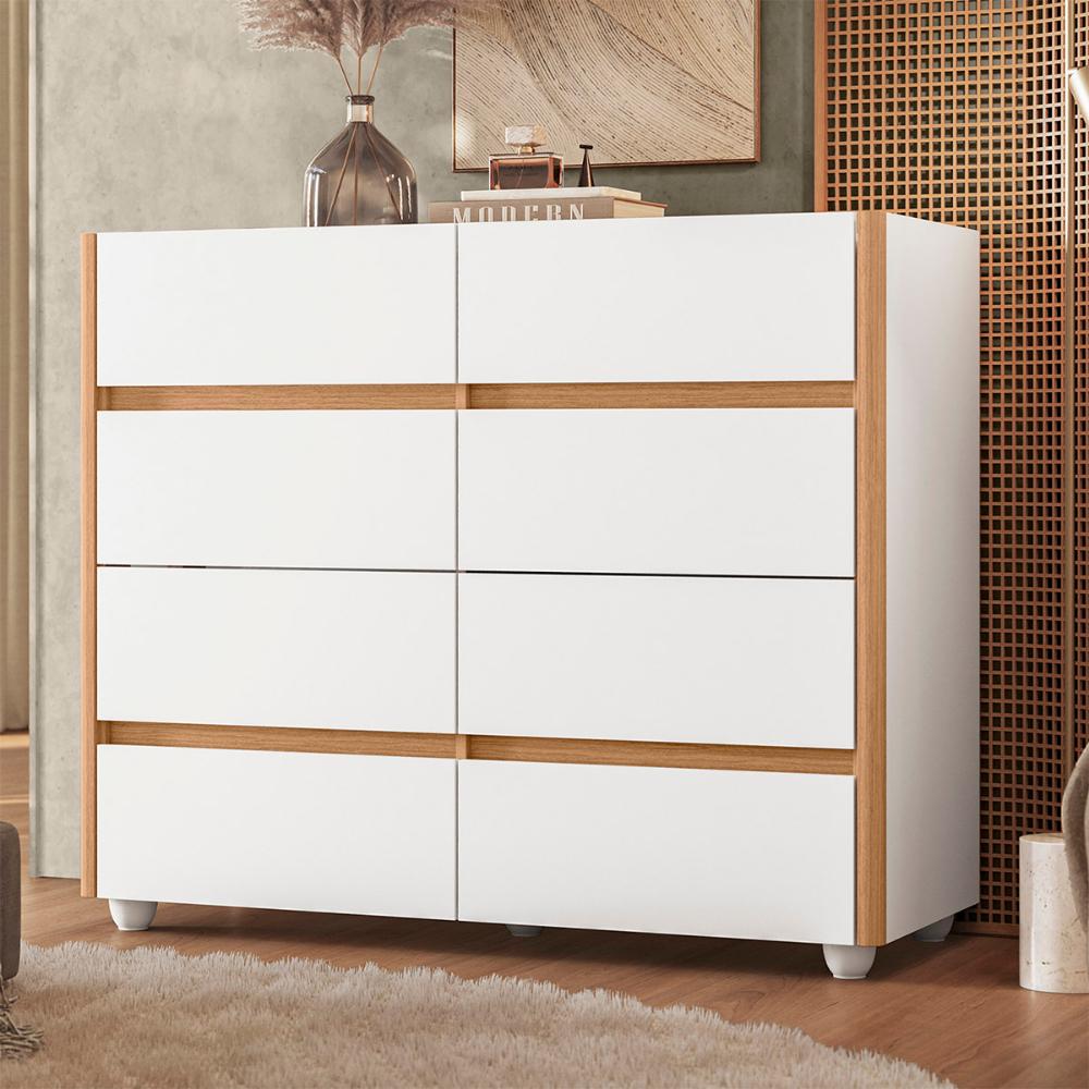 Cômoda Infinite 120cm 8 Gavetas com Pés Branco/Freijo