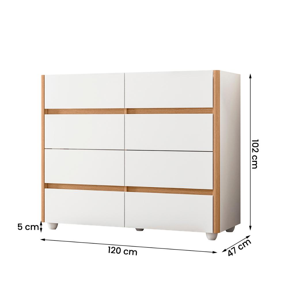 Cômoda Infinite 120cm 8 Gavetas com Pés Branco/Freijo