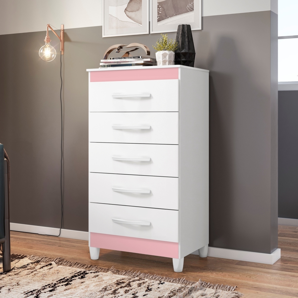 Cômoda MiLady Flex Branco/Titanium Azul Rosa 5 Gavetas