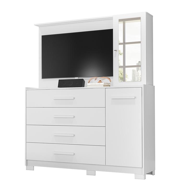 Cômoda Quarto Com Painel Para TV Ilhabela 4 Gavetas 2 Portas Branco Fosco