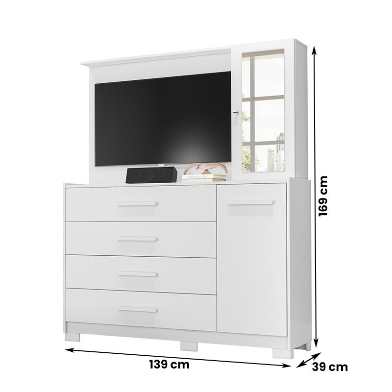 Cômoda Quarto Com Painel Para TV Ilhabela 4 Gavetas 2 Portas Branco Fosco