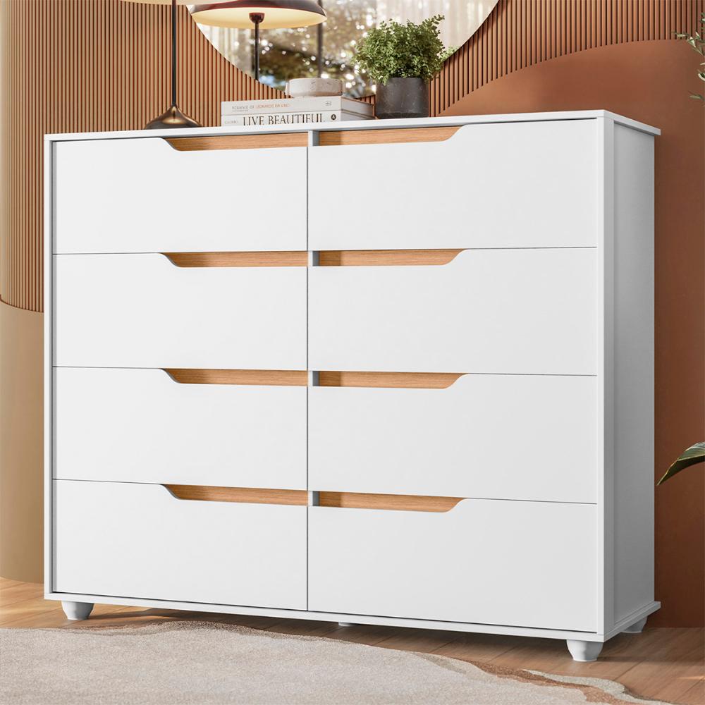 Cômoda Quarto Doble com 8 Gavetas e Pés  Branco/Freijo