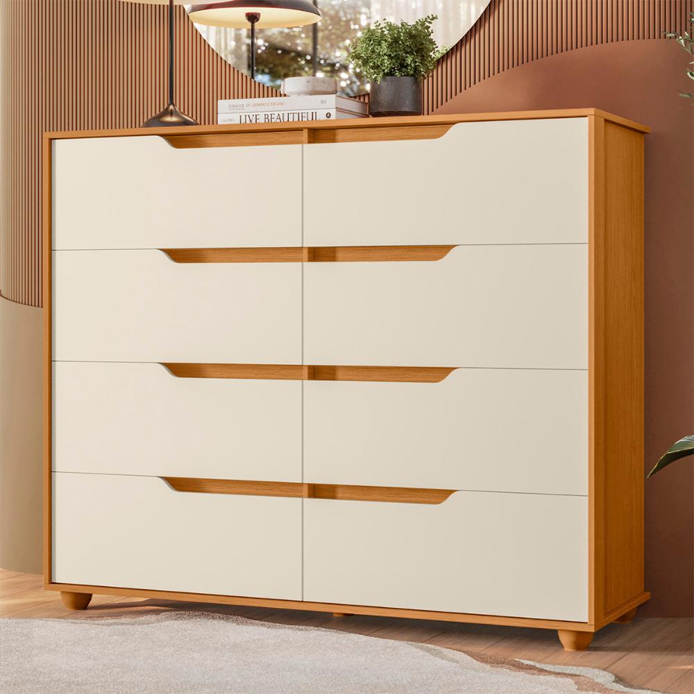 Cômoda Quarto Doble com 8 Gavetas e Pés  Cinamomo/Off White