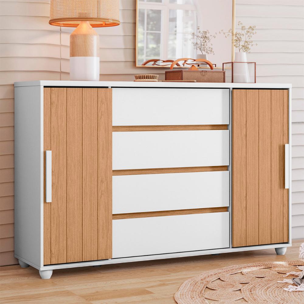Cômoda Quarto Evidenza com 4 Gavetas e 2 Portas de Correr Branco/Freijo