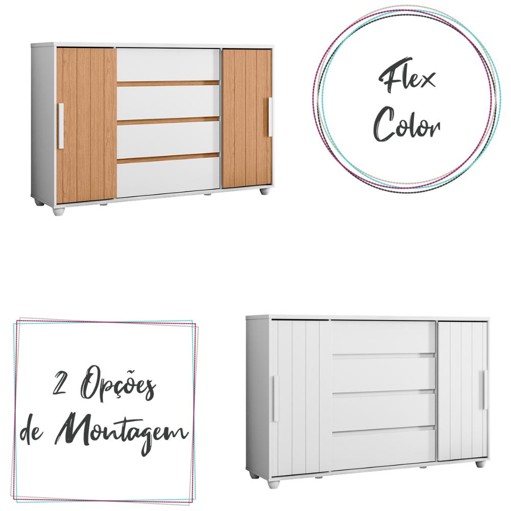 Cômoda Quarto Evidenza com 4 Gavetas e 2 Portas de Correr Branco/Freijo