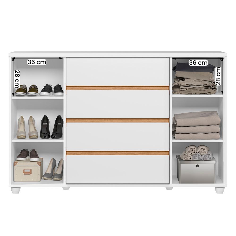 Cômoda Quarto Evidenza com 4 Gavetas e 2 Portas de Correr Branco/Freijo