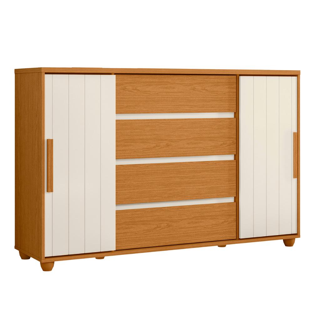 Cômoda Quarto Evidenza com 4 Gavetas e 2 Portas de Correr Cinamomo/Off White