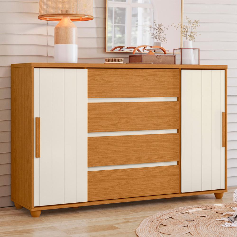Cômoda Quarto Evidenza com 4 Gavetas e 2 Portas de Correr Cinamomo/Off White