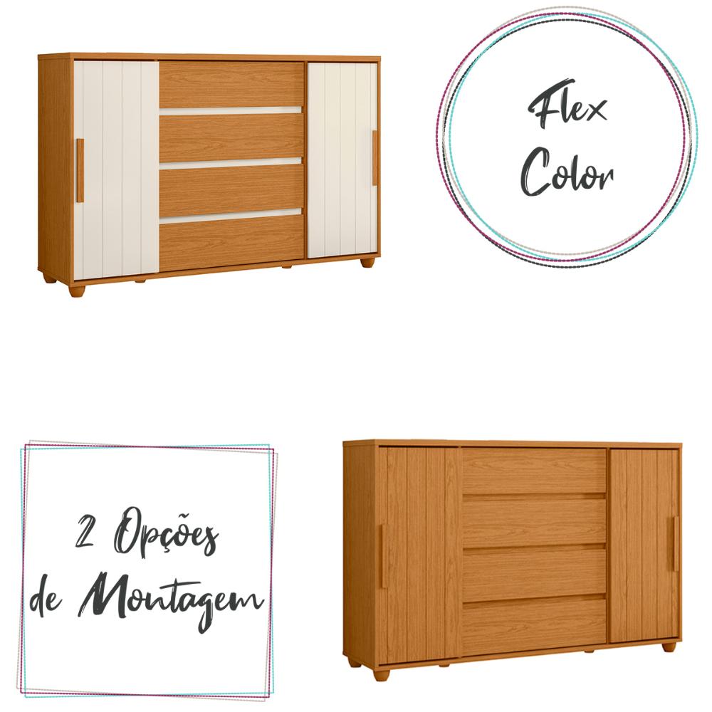 Cômoda Quarto Evidenza com 4 Gavetas e 2 Portas de Correr Cinamomo/Off White