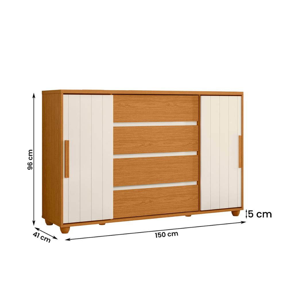 Cômoda Quarto Evidenza com 4 Gavetas e 2 Portas de Correr Cinamomo/Off White