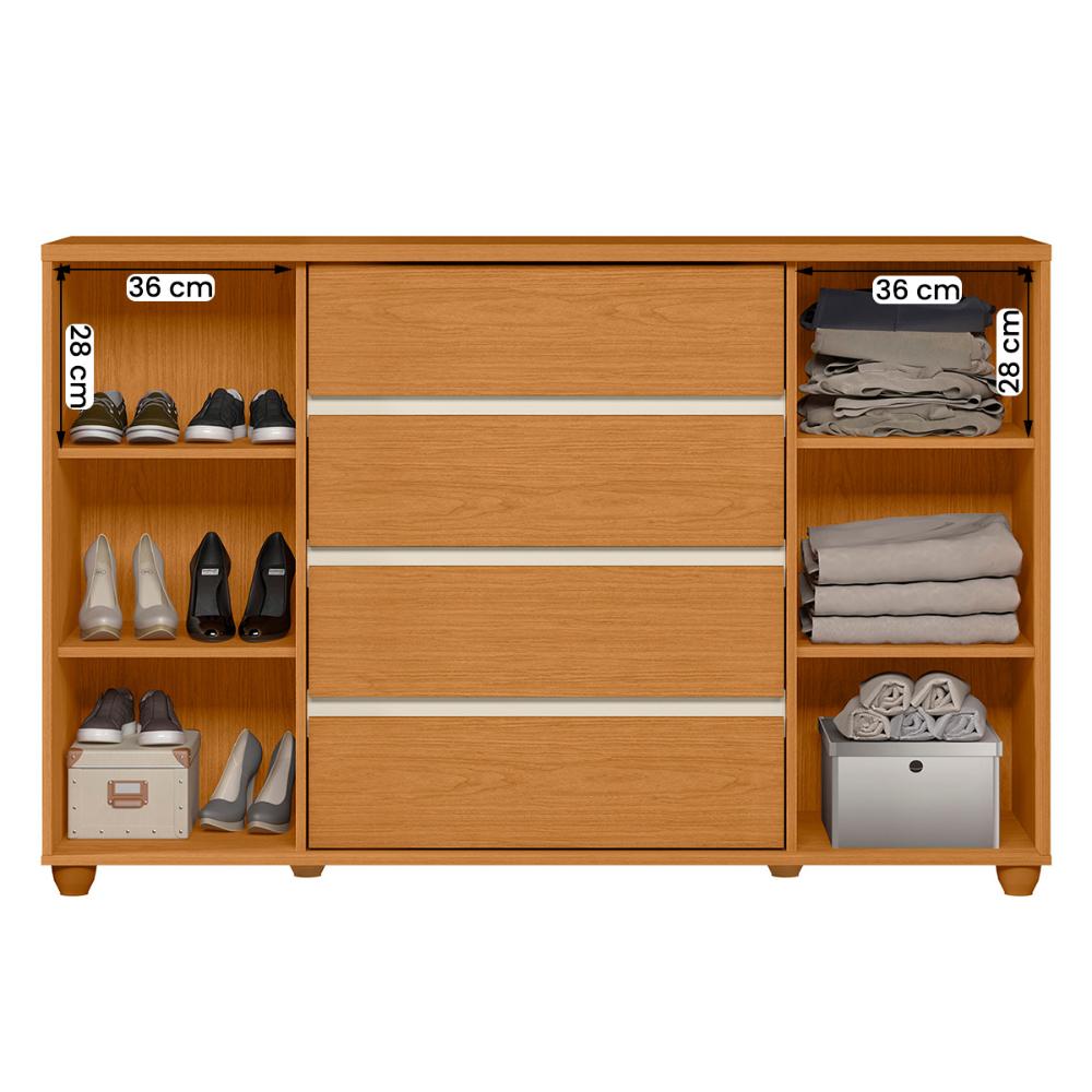 Cômoda Quarto Evidenza com 4 Gavetas e 2 Portas de Correr Cinamomo/Off White