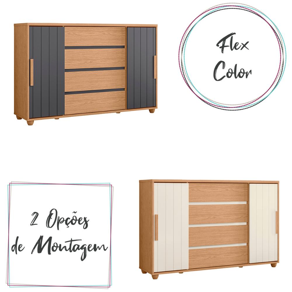 Cômoda Quarto Evidenza com 4 Gavetas e 2 Portas de Correr Freijo/Off White/Titanium