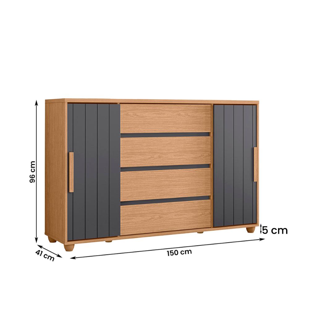 Cômoda Quarto Evidenza com 4 Gavetas e 2 Portas de Correr Freijo/Off White/Titanium