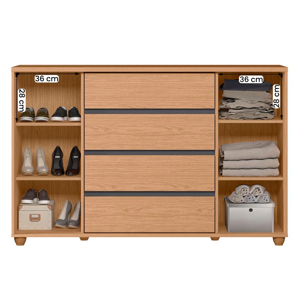 Cômoda Quarto Evidenza com 4 Gavetas e 2 Portas de Correr Freijo/Off White/Titanium