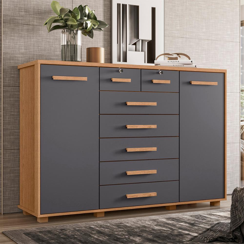 Cômoda Quarto Fontana com 7 Gavetas e 2 Portas Freijo/Titanium