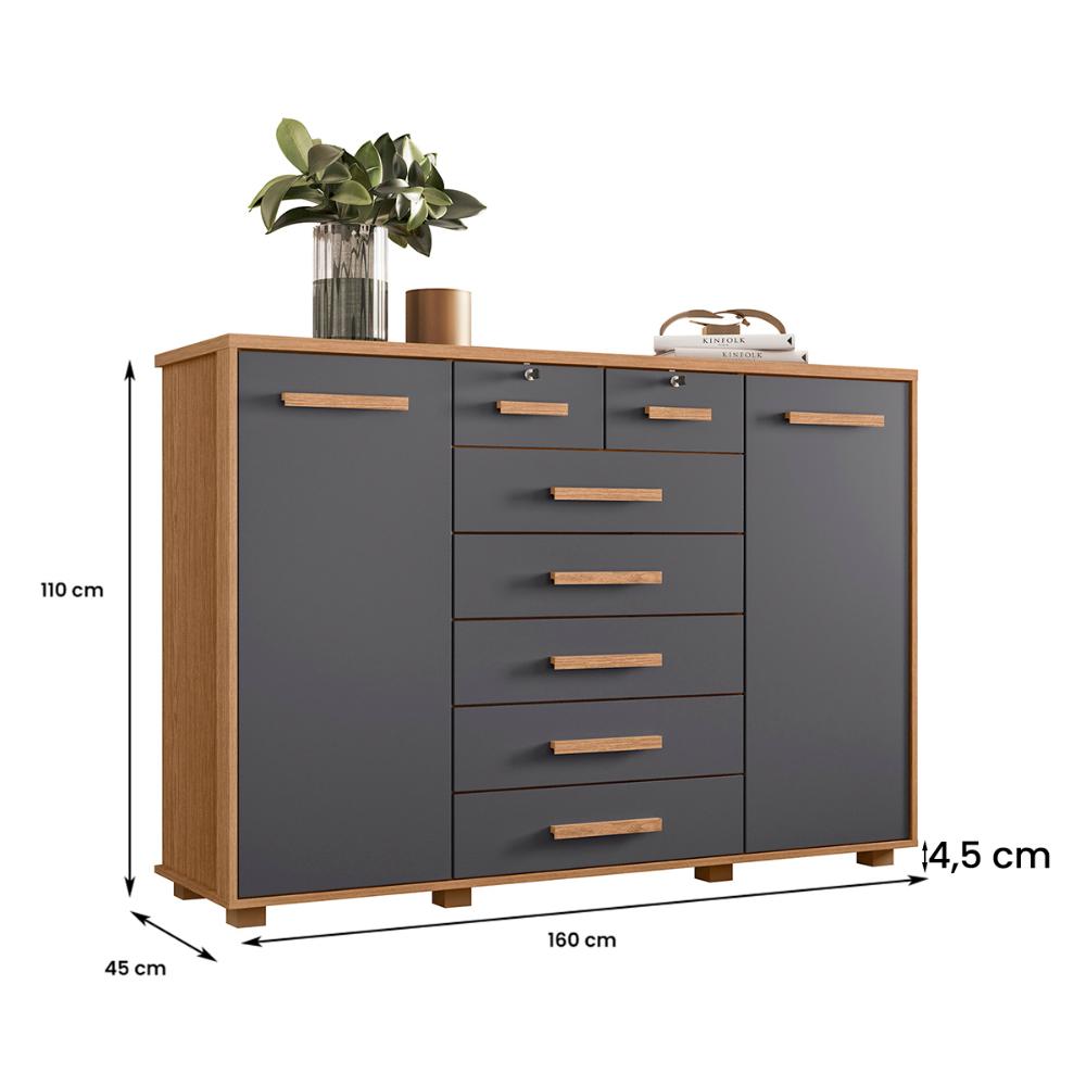Cômoda Quarto Fontana com 7 Gavetas e 2 Portas Freijo/Titanium