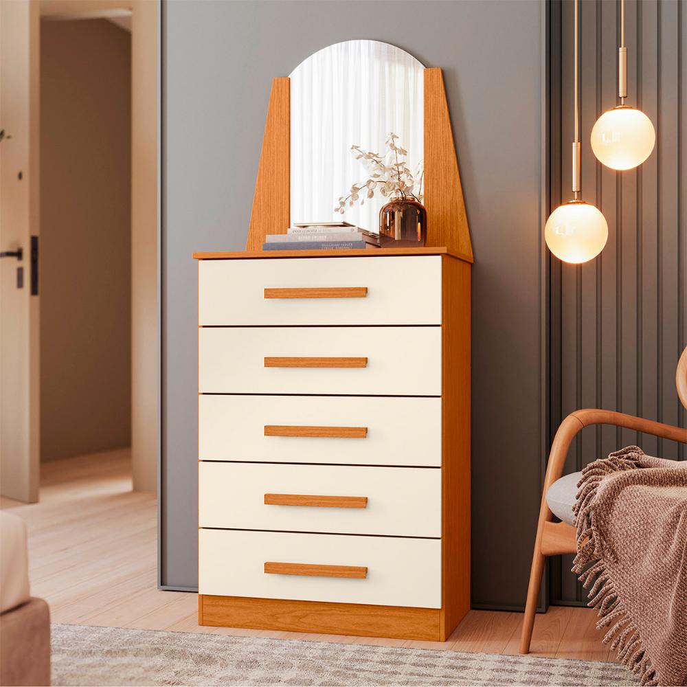 Cômoda Quarto Veneza com 5 Gavetas e Espelho Cinamomo/Off White