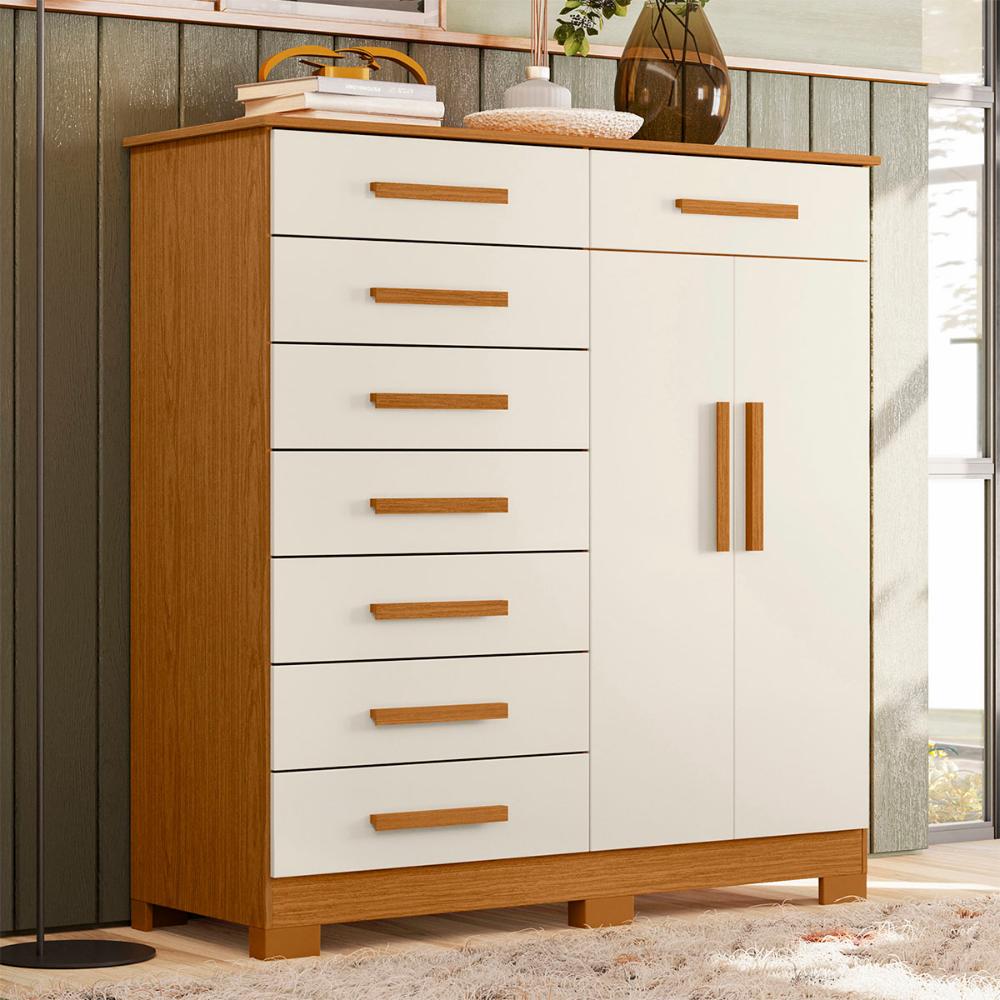 Cômoda Quarto Verona com 8 Gavetas e 2 Portas com Cabideiro Cinamomo/Off White
