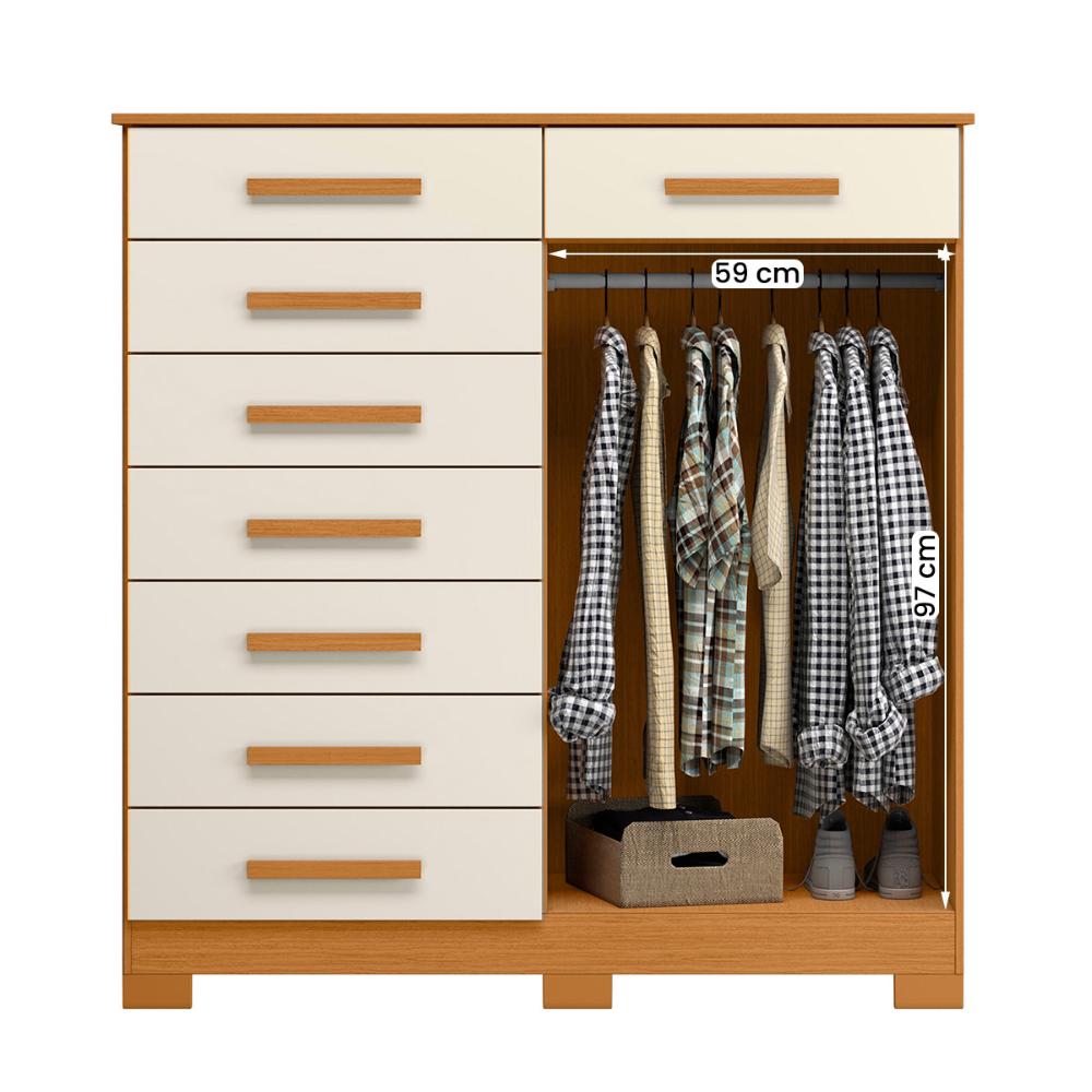 Cômoda Quarto Verona com 8 Gavetas e 2 Portas com Cabideiro Cinamomo/Off White