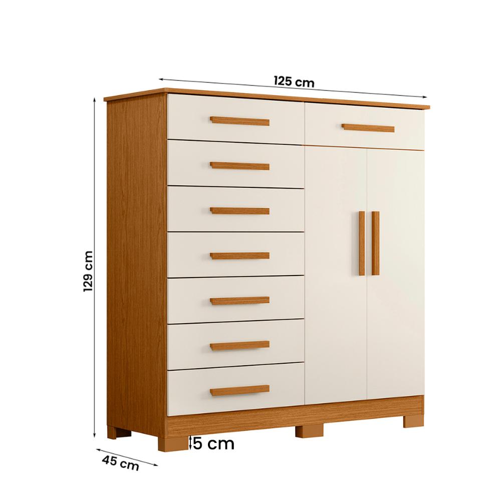 Cômoda Quarto Verona com 8 Gavetas e 2 Portas com Cabideiro Cinamomo/Off White