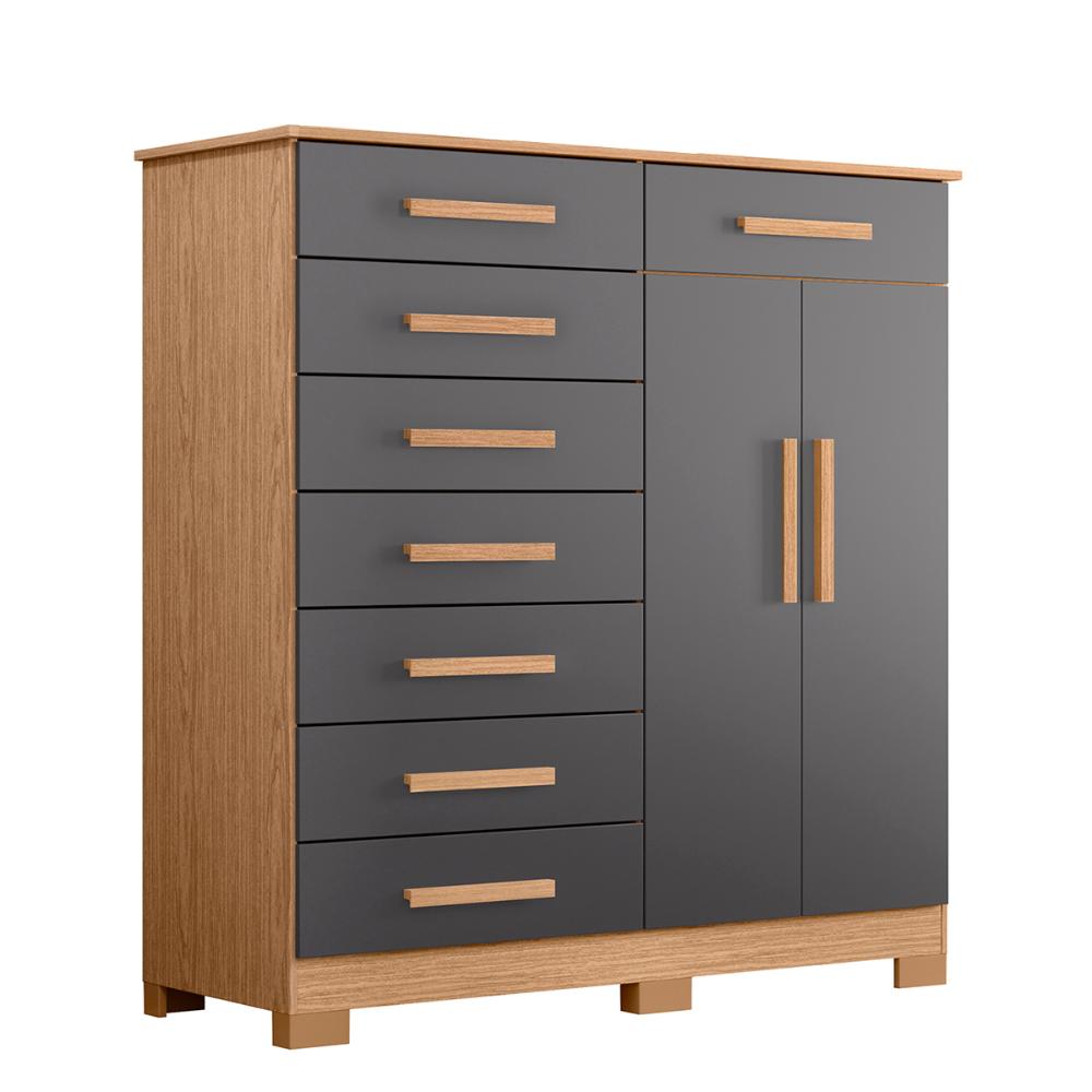 Cômoda Quarto Verona com 8 Gavetas e 2 Portas com Cabideiro Freijo/Titanium