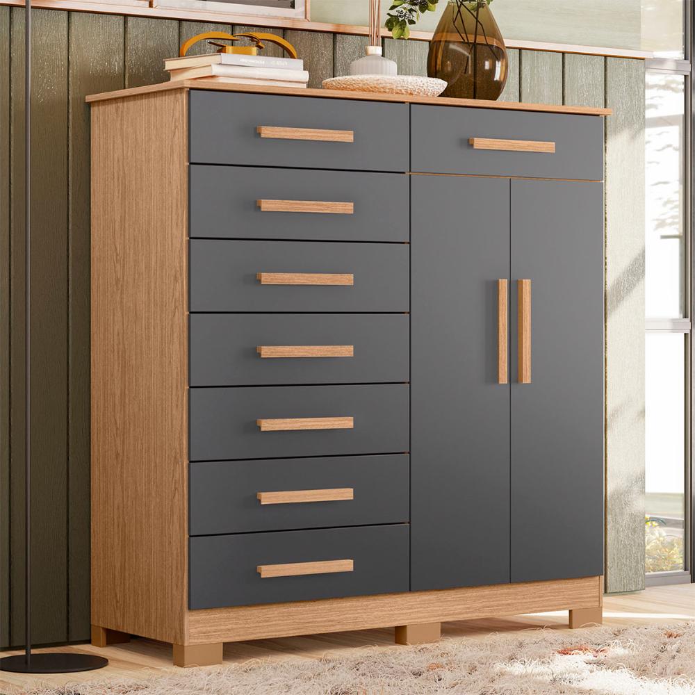 Cômoda Quarto Verona com 8 Gavetas e 2 Portas com Cabideiro Freijo/Titanium