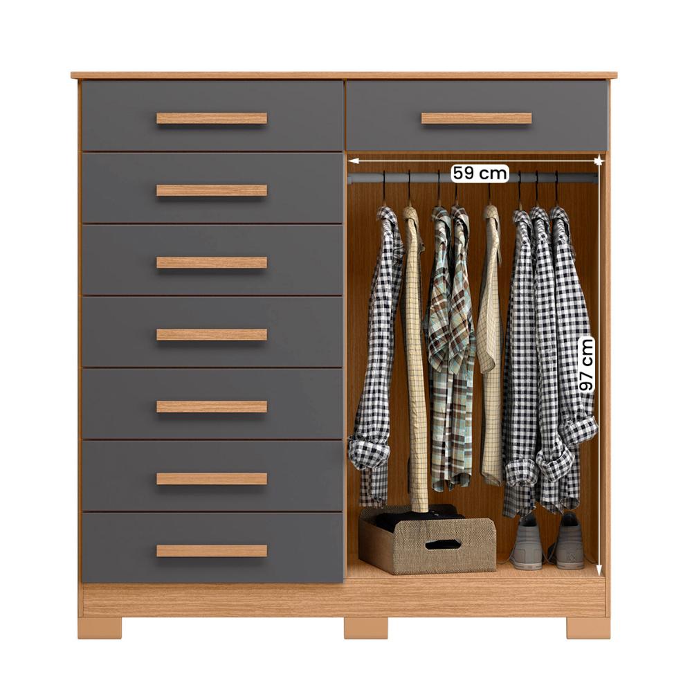 Cômoda Quarto Verona com 8 Gavetas e 2 Portas com Cabideiro Freijo/Titanium