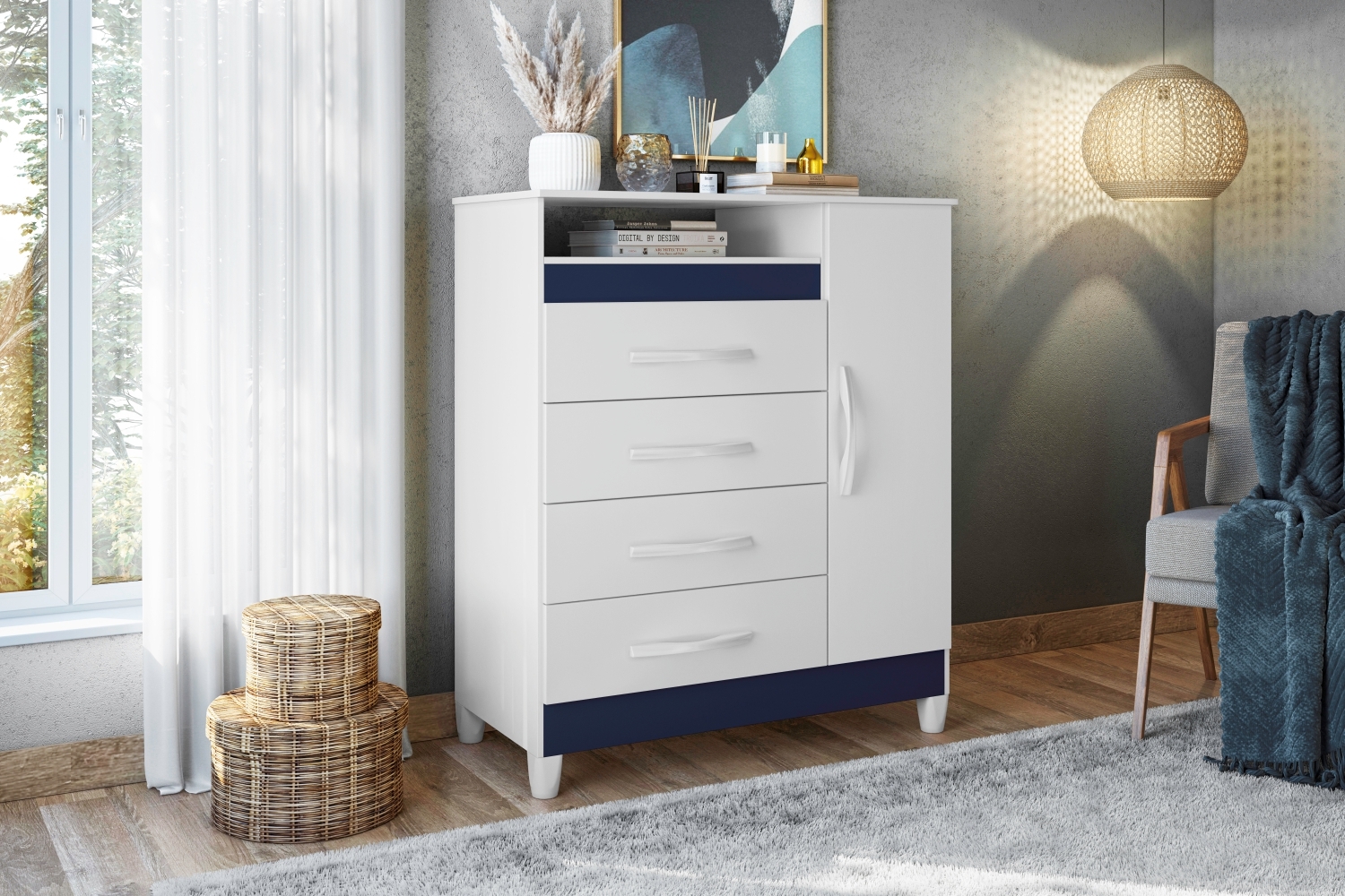Cômoda Reyna Branco Azul Titanium Rosa 4 Gavetas
