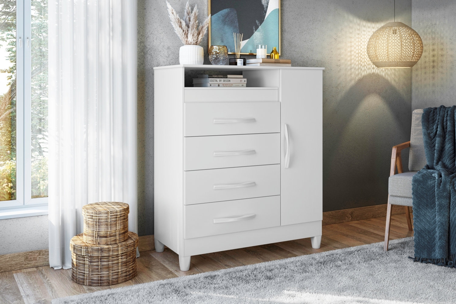 Cômoda Reyna Branco Titanium Azul Rosa 4 Gavetas