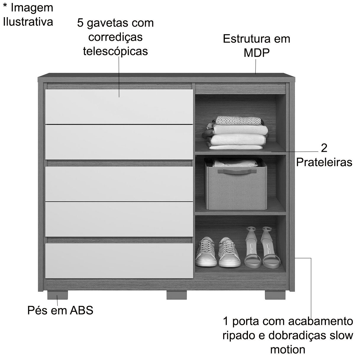 Cômoda Ripada Sapateira 5 Gavetas 1 Porta Duello Branco