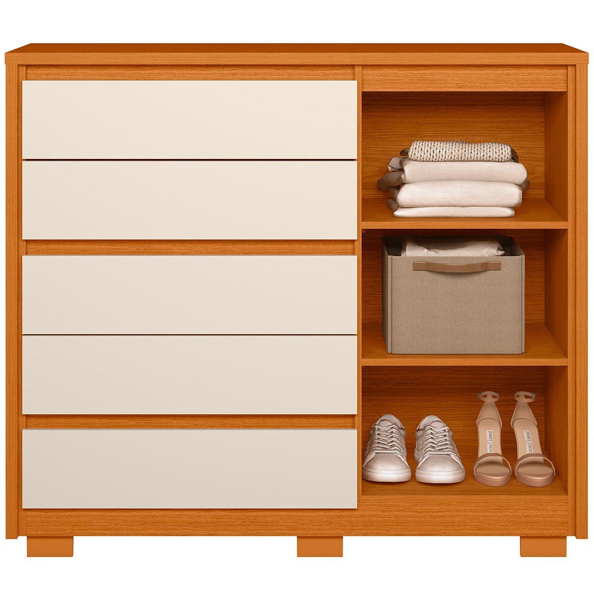 Cômoda Ripada Sapateira 5 Gavetas 1 Porta Duello Cinamomo/Off White