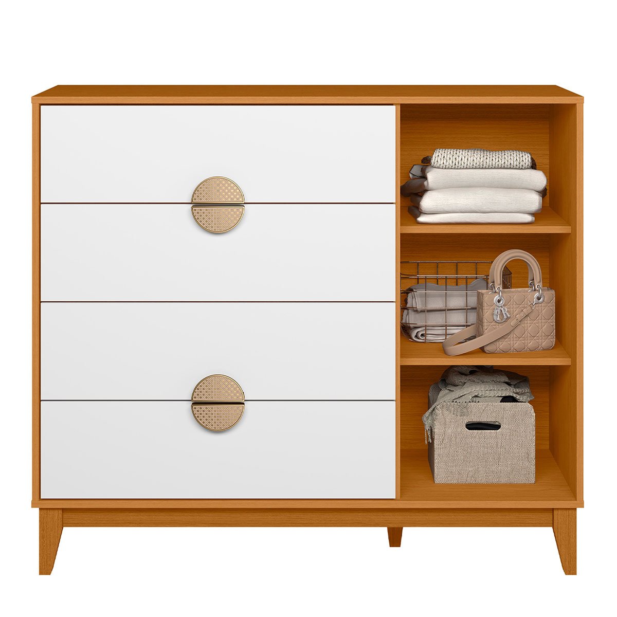 Cômoda Sapateira 4 Gavetas 1 Porta 100% MDF Cauê  Cinamomo/Branco