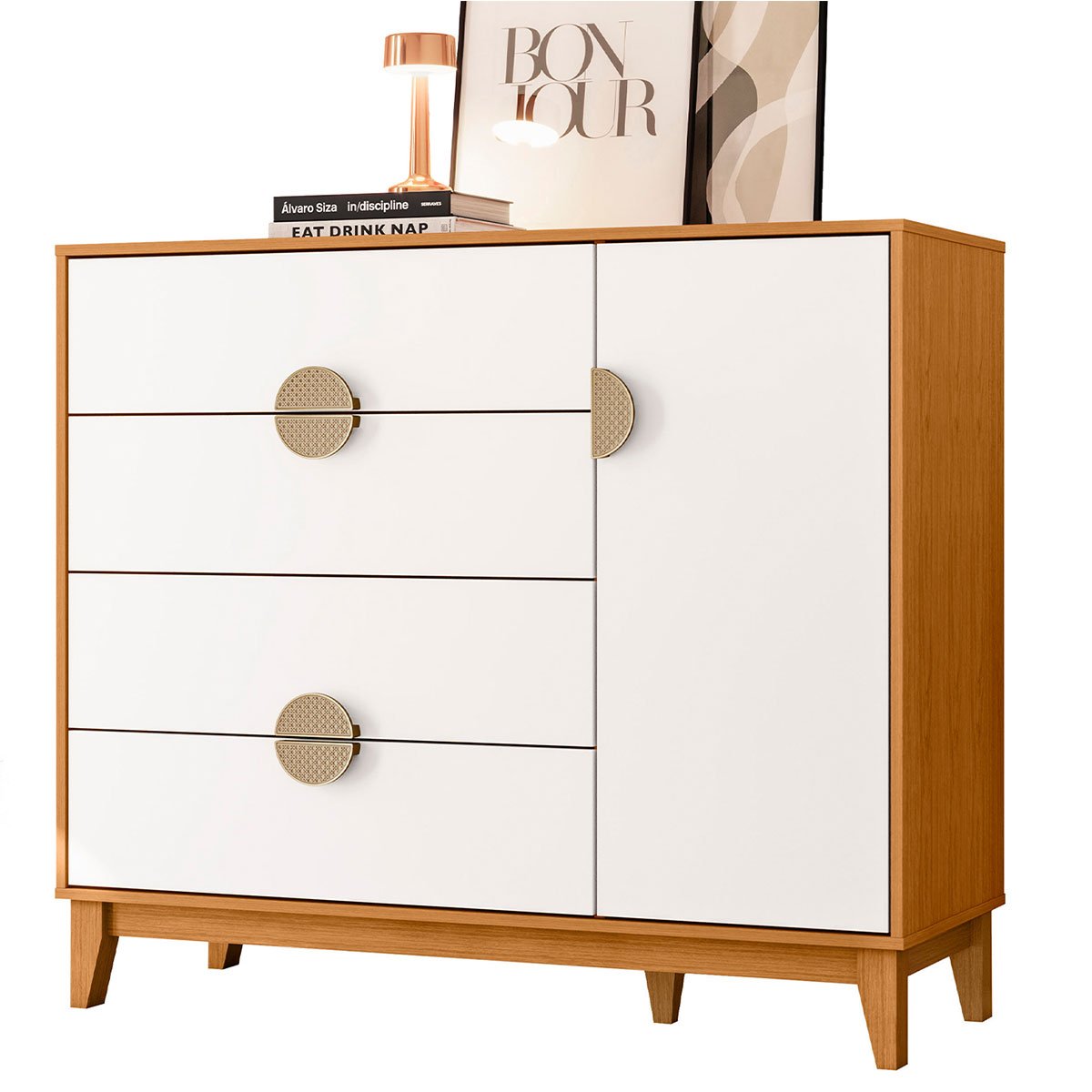 Cômoda Sapateira 4 Gavetas 1 Porta 100% MDF Cauê  Cinamomo/Branco