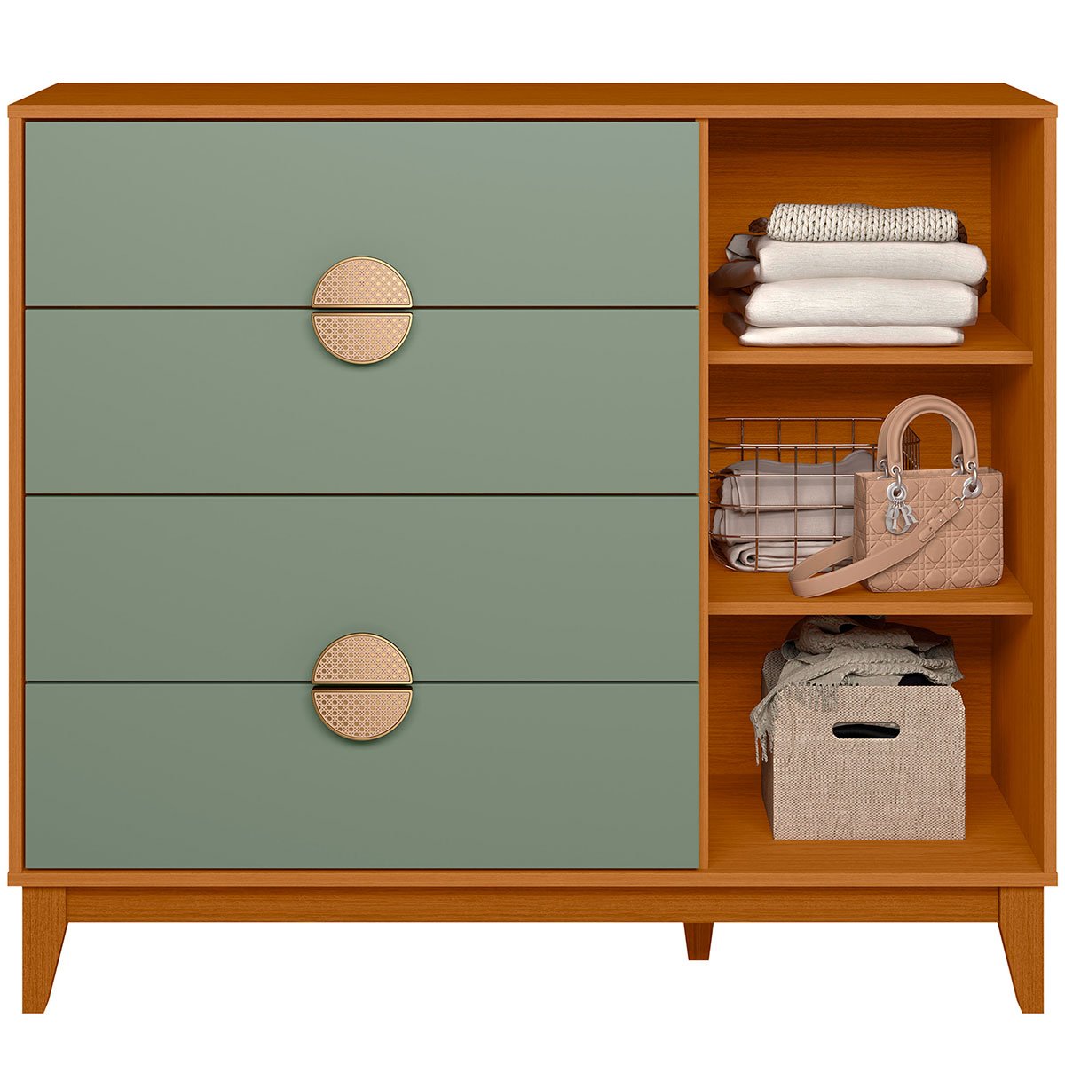 Cômoda Sapateira 4 Gavetas 1 Porta 100% MDF Cauê  Cinamomo/Sálvia