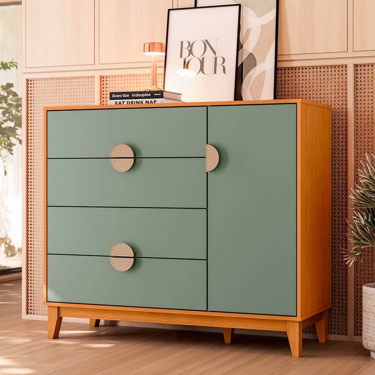 Cômoda Sapateira 4 Gavetas 1 Porta 100% MDF Cauê  Cinamomo/Sálvia